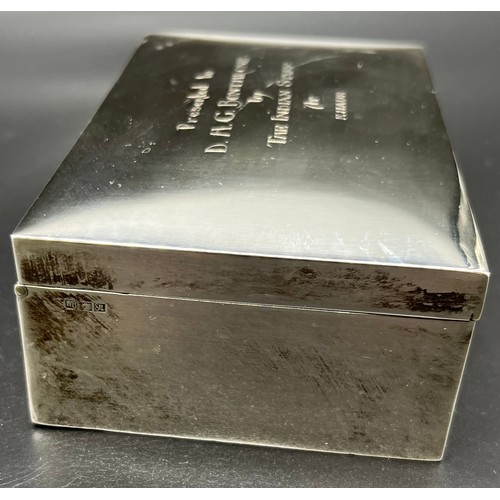 1177 - Silver marked Cigar/ cigarette box, Engraved to lid 'Presented to D.H.G. Bonthrone by The Indian Sta... 