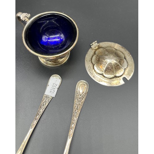 1191 - Four silver items; Birmingham silver cup, Sheffield silver condiment pot with blue liner and lid as ... 