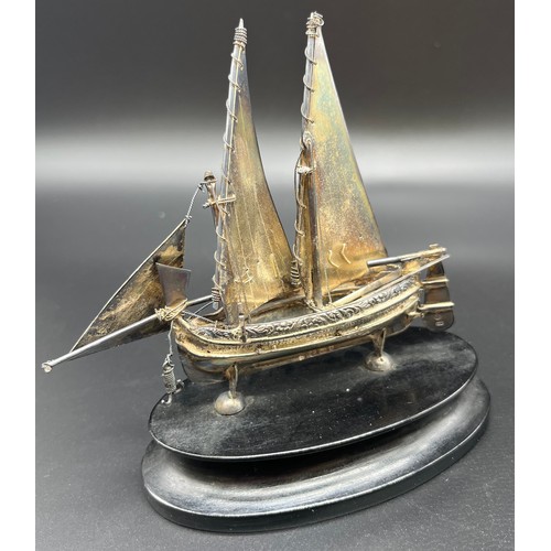 1219 - Maltese Silver marked Ship model on a wooden stand together with Maltese silver letter opener