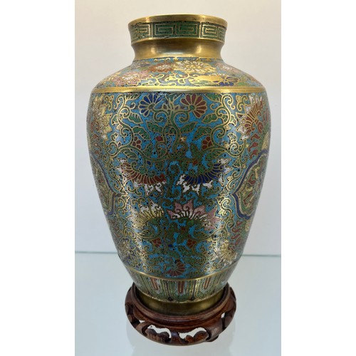 1223 - 19th century Chinese Bronze and Enamel Champleve vase. Come with wooden stand [34cm high]