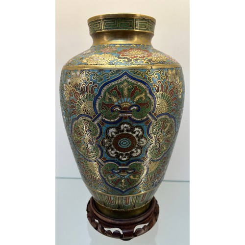 1223 - 19th century Chinese Bronze and Enamel Champleve vase. Come with wooden stand [34cm high]