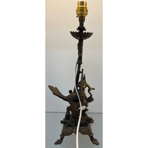 1225 - Antique Bronze Indian deity figural table lamp. Decorated bird deity figure, Lion, Cow, Rat and Hors... 