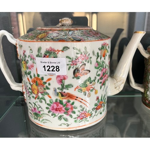 1228 - Chinese Famille Rose design hand painted Tea pots, cups and saucers. Three tea pots, five cups and s... 