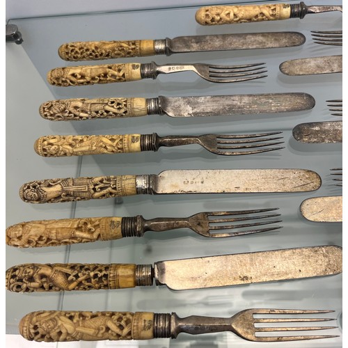 1231 - Antique Asian themed bone carved handled forks and knives.