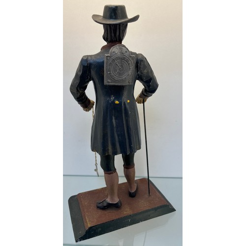 1232 - Antique/ vintage J.V.E. Holland metal hand painted top hat Dutch peddler figural clock. Comes with k... 