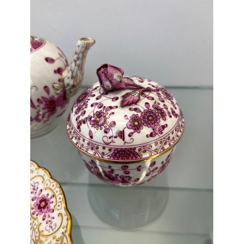 1234 - 19th century Meissen porcelain pink and gilt floral design tea pot, sugar and cream and saucer.