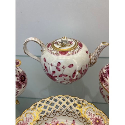 1234 - 19th century Meissen porcelain pink and gilt floral design tea pot, sugar and cream and saucer.