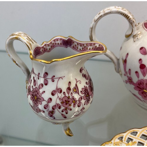 1234 - 19th century Meissen porcelain pink and gilt floral design tea pot, sugar and cream and saucer.