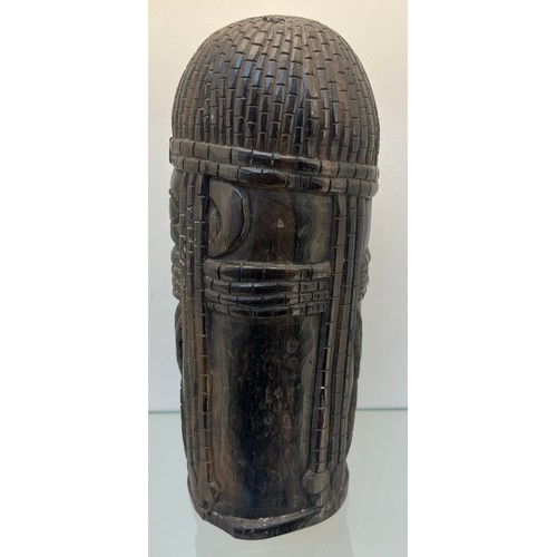 1236 - Antique hardwood hand carved African tribal dome top bust. Cylinder form. [32cm high]