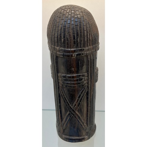 1236 - Antique hardwood hand carved African tribal dome top bust. Cylinder form. [32cm high]