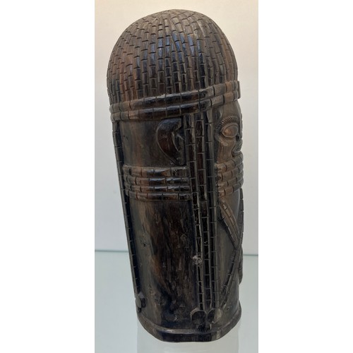 1236 - Antique hardwood hand carved African tribal dome top bust. Cylinder form. [32cm high]