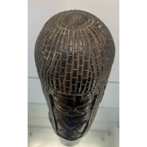 1236 - Antique hardwood hand carved African tribal dome top bust. Cylinder form. [32cm high]