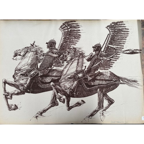 922 - Highly detailed Polish winged Husaria on horseback etching/ print? signed in pen and dated 1976.