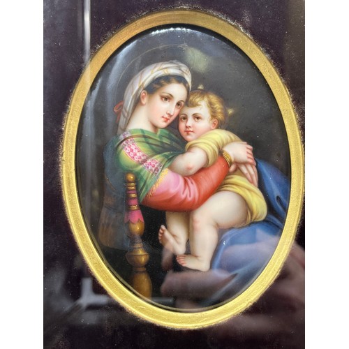 1249 - 19th century framed Hand painted porcelain plaques depicting 'Madonna Della Seggiola' and two cherub... 