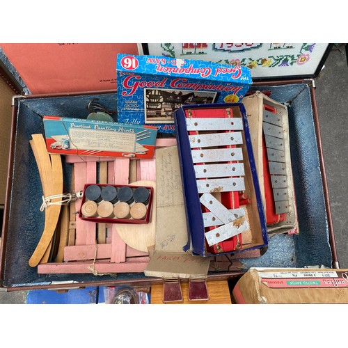 934 - Case of collectables; Apprentice small chest of drawers, Building block set and many other items