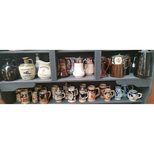 959 - Two Shelves full of various steins and pub jugs and waterjugs.