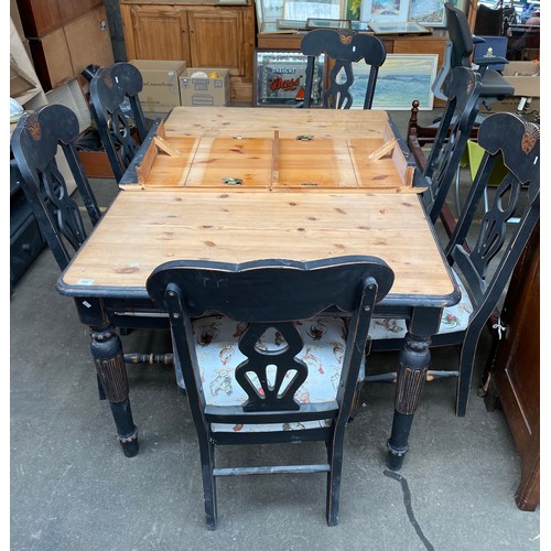 954 - Farmhouse Rustic pine painted dining room table, four chairs and two carvers; Upholstered with Cocke... 