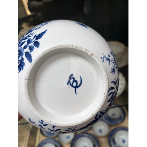 1361 - Two shelf of 19th century porcelain; Possible Worcester blue and white Willow pattern cups and sauce... 