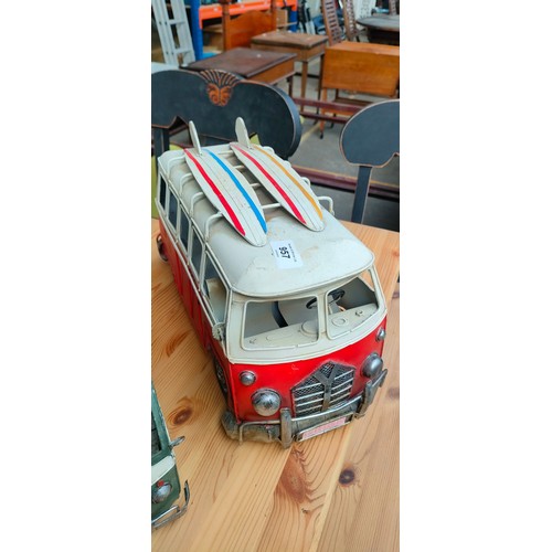 957 - Two Tin plate VW Camper vans and one other