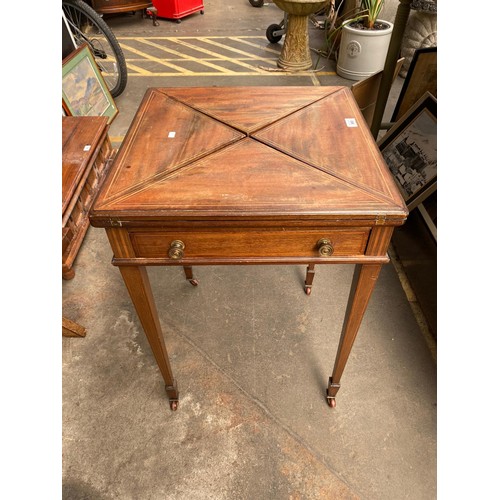 969 - 19th century fold out games table, Single Frieze drawer, square tapered legs and finished on ceramic... 