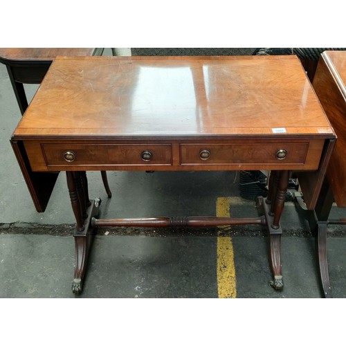 1000 - Reproduction drop end sofa table- two under drawers, brass claw feet.