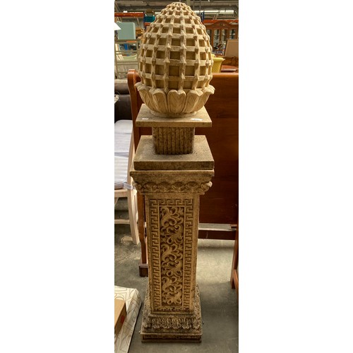 975 - Large Garden ornate sculpture; Heavy Ornate resin column plinth and Resin Pineapple finial sculpture... 