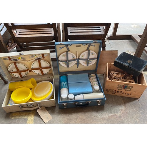 1028 - Two vintage picnic sets and wine crate