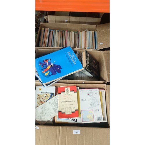 1057 - Four boxes of mixed genre books, maps and childrens annuals