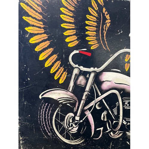 1385 - Large Vintage hand painted Carnival board; depicting Eagle and motorcycle. [122x203cm]