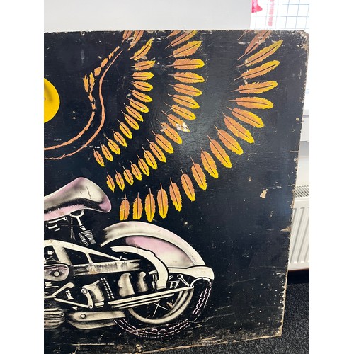 1385 - Large Vintage hand painted Carnival board; depicting Eagle and motorcycle. [122x203cm]