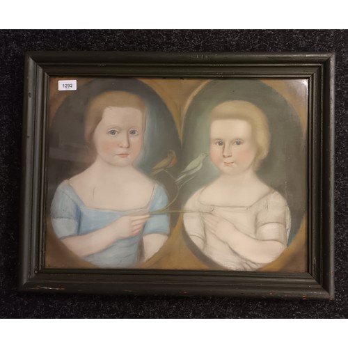 1292 - Early 19th Century oil and pastel on canvas depicting two young girls holding a branch with birds re... 