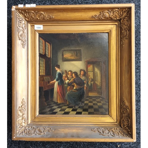 1283 - j.Breukelaar
Antique oil on board titled' Musicerend Gezelschap within a moulded frame, signed.
[59x... 