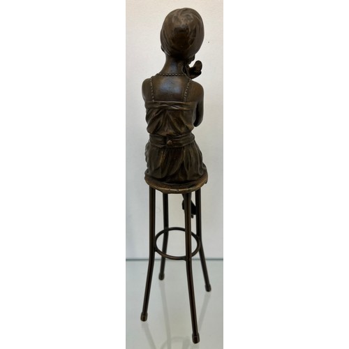 1393 - Bronze Art Deco inspired sculpture of a seated lady on a high chair. Signed D.H. Chiparus. [27cm hig... 