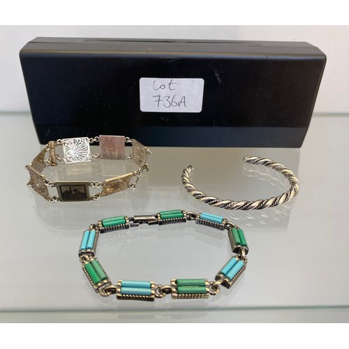 736A - Niello silver bracelet, 925 silver and turquoise stone bracelet, White metal twist bangle and 925 si... 