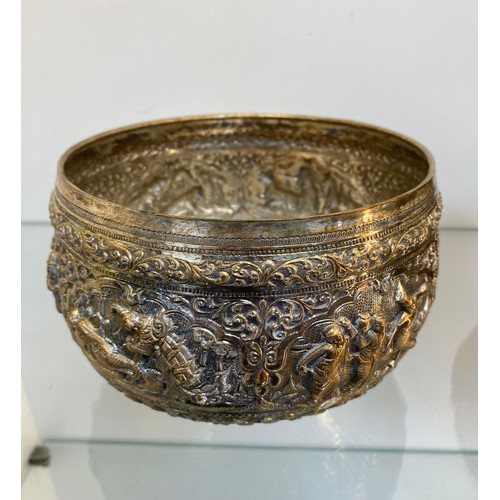 750A - Two antique Silver plated Burmese raised relief bowls. [Largest- 10cm high, 17cm diameter]