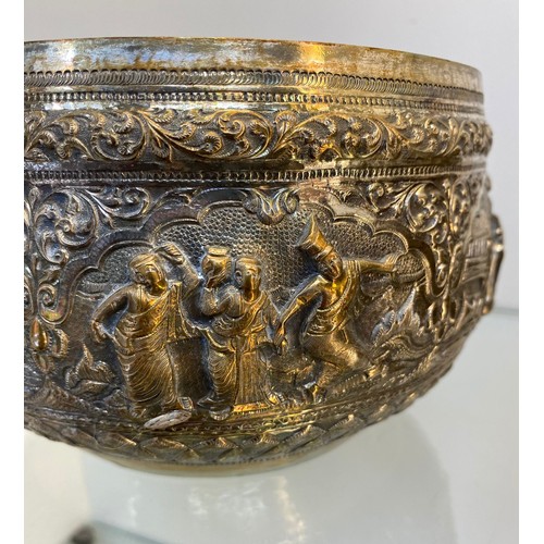 750A - Two antique Silver plated Burmese raised relief bowls. [Largest- 10cm high, 17cm diameter]