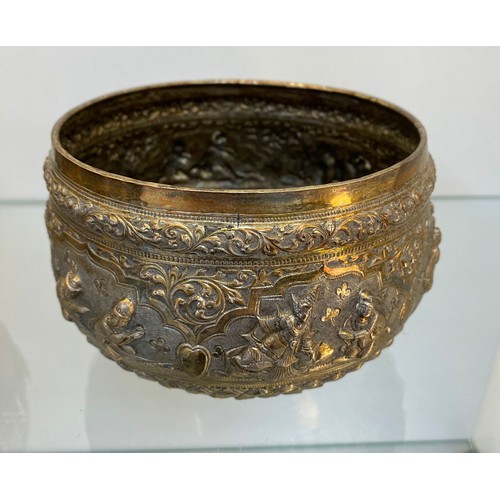 750A - Two antique Silver plated Burmese raised relief bowls. [Largest- 10cm high, 17cm diameter]