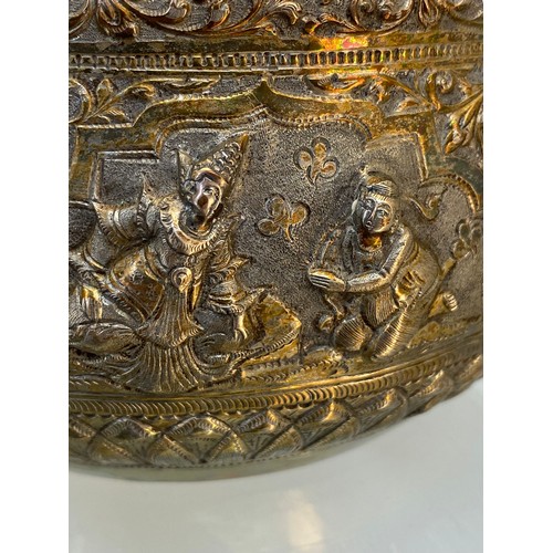 750A - Two antique Silver plated Burmese raised relief bowls. [Largest- 10cm high, 17cm diameter]