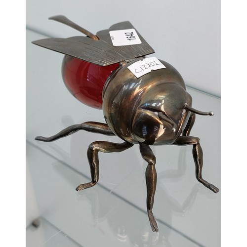 1642 - Large vintage Mappin & Webb Silver plate Bee shaped honey pot with ruby glass preserve. Comes with s... 