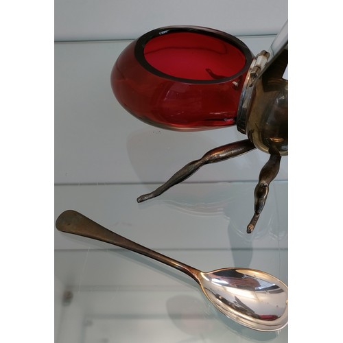 1642 - Large vintage Mappin & Webb Silver plate Bee shaped honey pot with ruby glass preserve. Comes with s... 