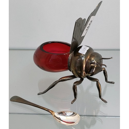 1642 - Large vintage Mappin & Webb Silver plate Bee shaped honey pot with ruby glass preserve. Comes with s... 