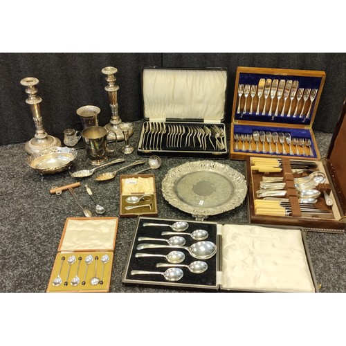 1650 - Collection of silver plated and E.P Wares; Boxed canteens of cutlery, Ornate wine tray, silver plate... 