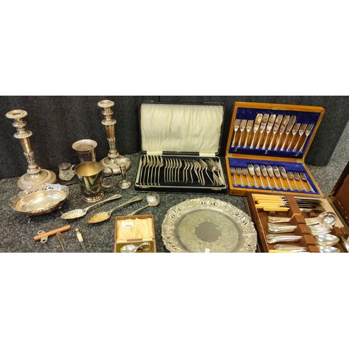 1650 - Collection of silver plated and E.P Wares; Boxed canteens of cutlery, Ornate wine tray, silver plate... 