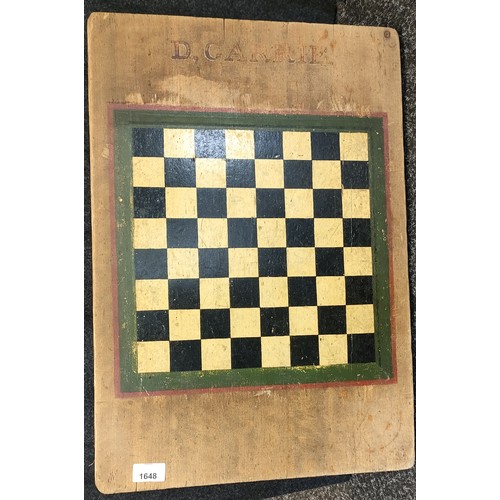 1648 - Possible WW2 Hand painted chess board with Hand painted name D. CARRIE on a wooden plank. [58.5x41cm... 