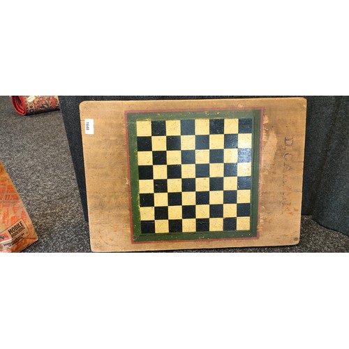 1648 - Possible WW2 Hand painted chess board with Hand painted name D. CARRIE on a wooden plank. [58.5x41cm... 