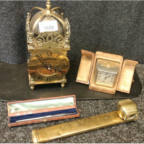 1652 - Various collectables; Antique Brass bell clock, Jaz French Make travel clock and case, Birmingham si... 