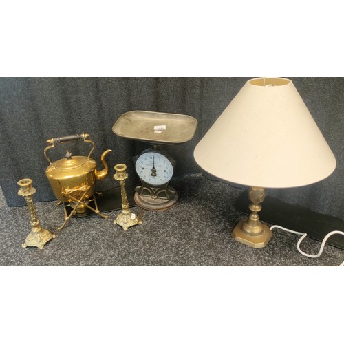 1651 - Vintage brass spirit kettle, Pair of ornate candle sticks, Brass table lamp and Vintage Salters scal... 