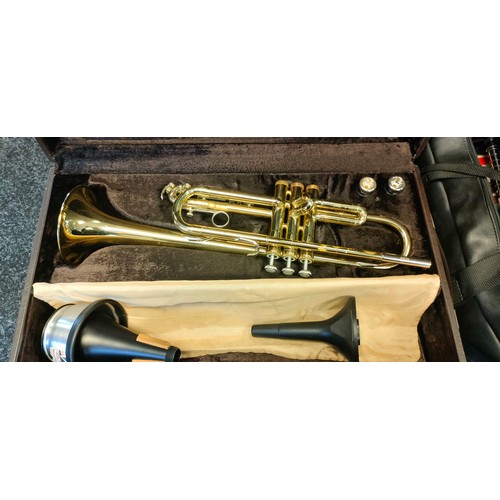 1645 - Vintage Bach 1530 trumpet, two mouth pieces and bag of various mixed mute & mufflers for trumpets, m... 