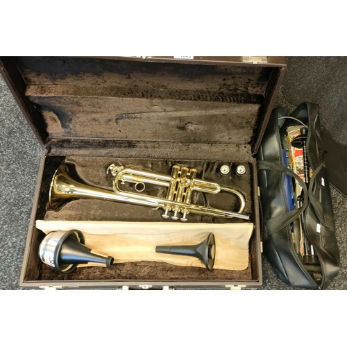 1645 - Vintage Bach 1530 trumpet, two mouth pieces and bag of various mixed mute & mufflers for trumpets, m... 