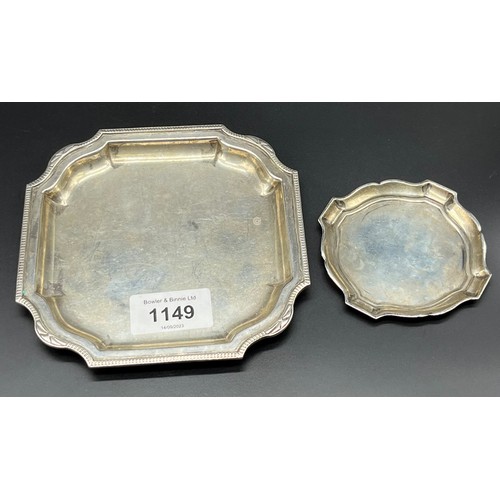 1149 - Two Sheffield silver dishes; Small ornate trimmed card tray and smaller ring tray. [208.42grams]